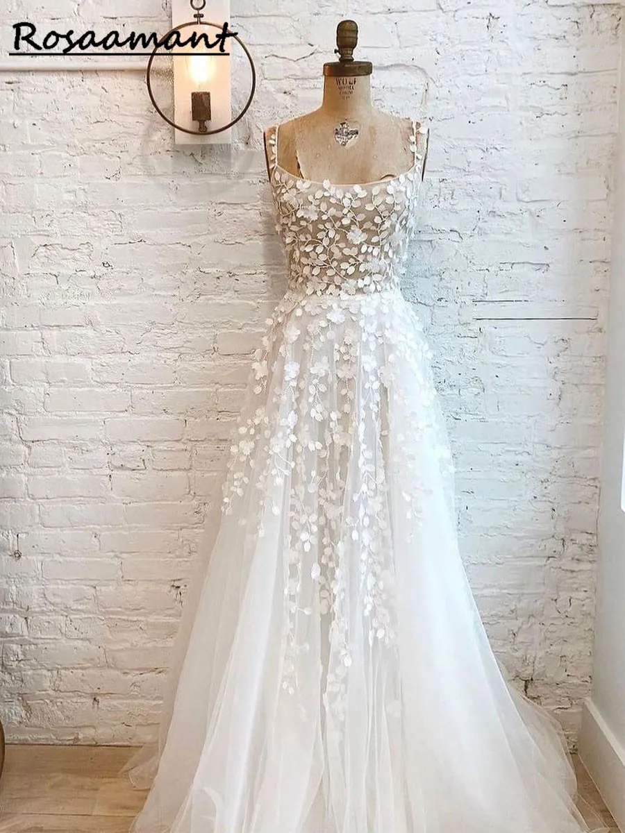 Applications en dentelle en tulle doux robe de mariée A-Line 2024 Boho Sans manches O