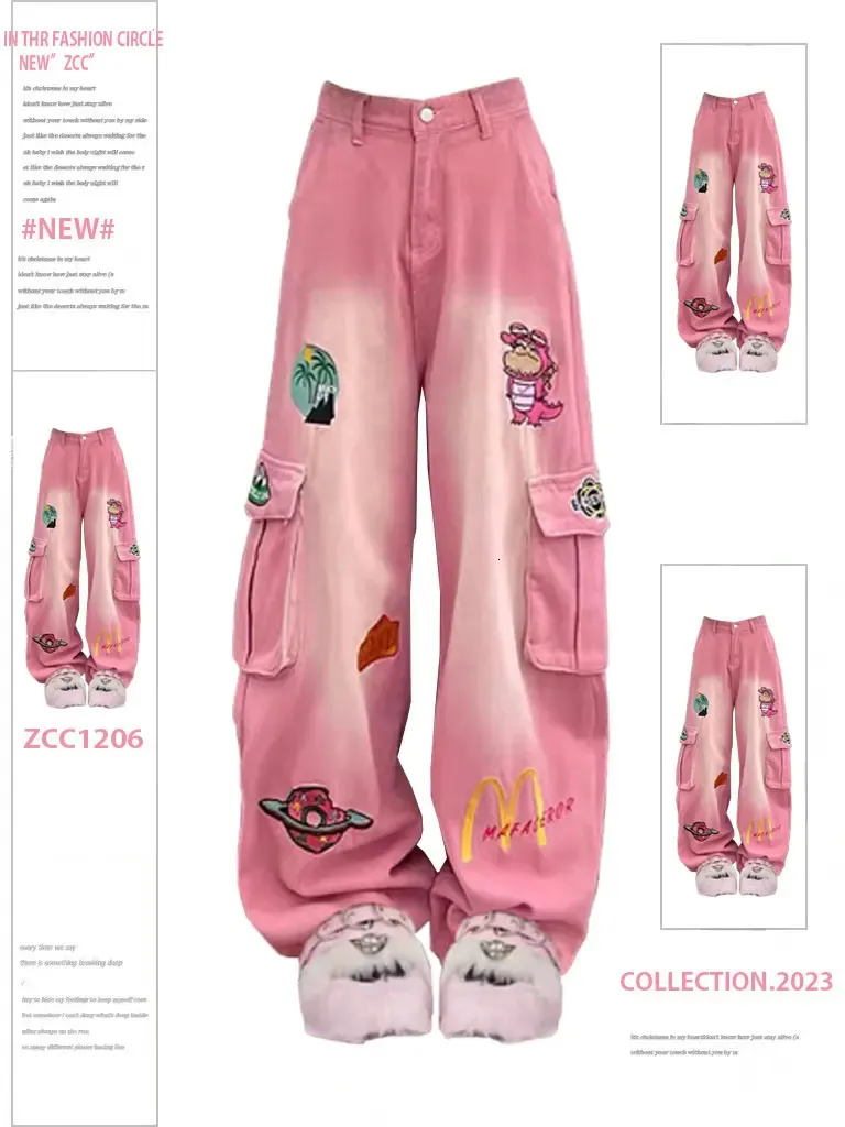 Amerikaanse sfeer retro cartoon borduurwerk roze gereedschap jeans High Street Design Design Losse rechte brede pijpen gewassen doek 240430