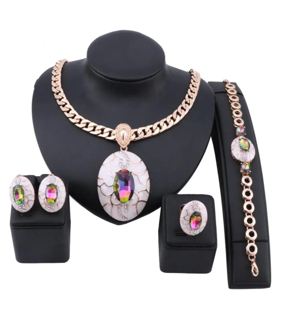Exquis Dubaï Gold Crystal Émaillé de bijoux en émail Marque de mariage nigérian Femme Bridal Party Collier Bijoux de boucle d'oreille Set6384305