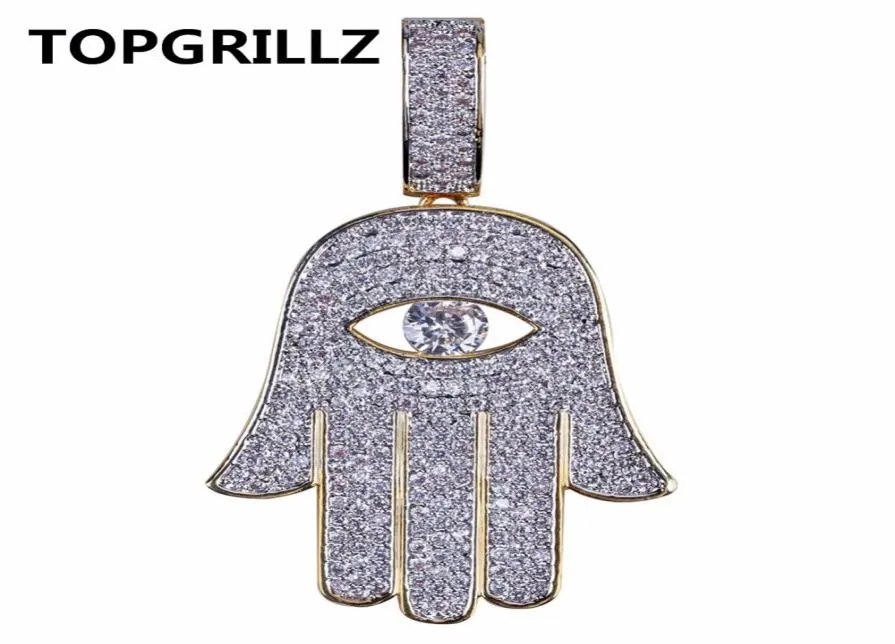 Topgrillz hip hop fatima hand ögonhänge halsband guldfärg pläterad mikro pante kubik zirkonia choker för män kvinnor tre kedjor3689296