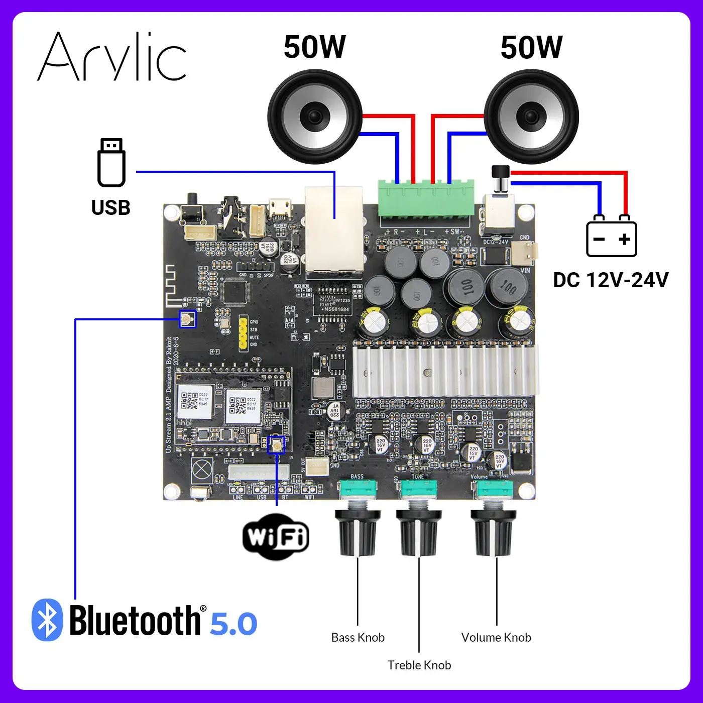 Усилитель UP2Stream AMP 2.1 Bluetooth 5.0 2.1 Канал Power Audio Audio Streo Subwooper Плата усилителя усилителя 50WX2+100 Вт Требные басы настройка ноты усилитель