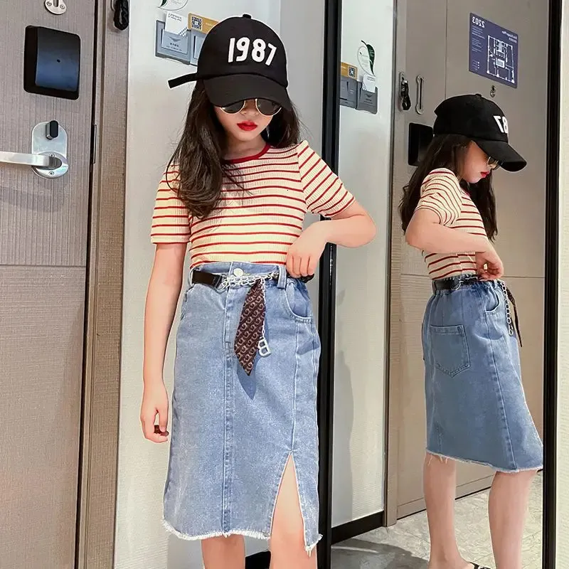 Girls Denim Long Skirts With Beltstriped Tees T-Shirts Fashion Baby Kids Birthday Casual Jeans Skirt Children Clothes Sets 4-16 240419