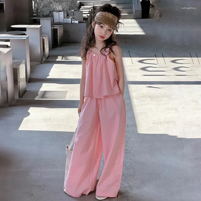 Kledingsets Girls Pak 2024 Koreaanse zomer in vreemde stijl Suspenders losse casual katoen en linnen tweedelige set breedbeen broek