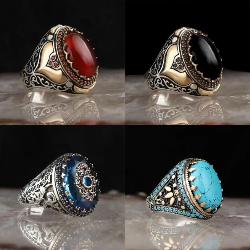 Wedding Rings Vintage Handmade gesneden Turkse zegel voor mannen ingelegd Red Black Zirkon Stone Trendy Islamitische religieuze moslimjuwelen 263Q