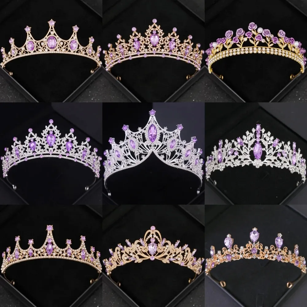 Purple crystal headwear and crown rhinestone ball dial crown female bride wedding hair accessories jewelry crown headwear gifts 240430