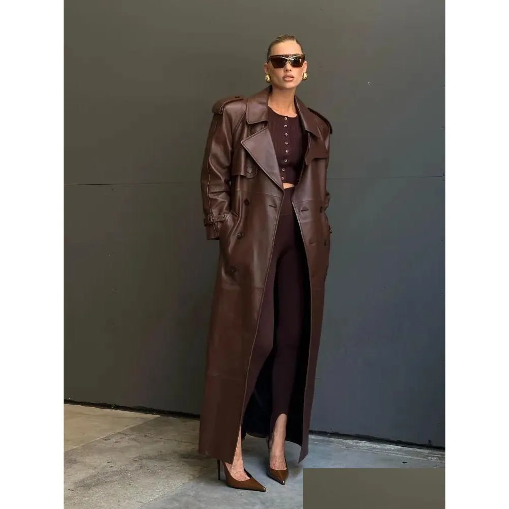 Womens Leather Faux Rr2790 Xlong Fake Trench Coat Slim Belt Waist Back High Cut Up Long Sleeve Chocolate Jacket 230928 Drop Delivery A Dheka