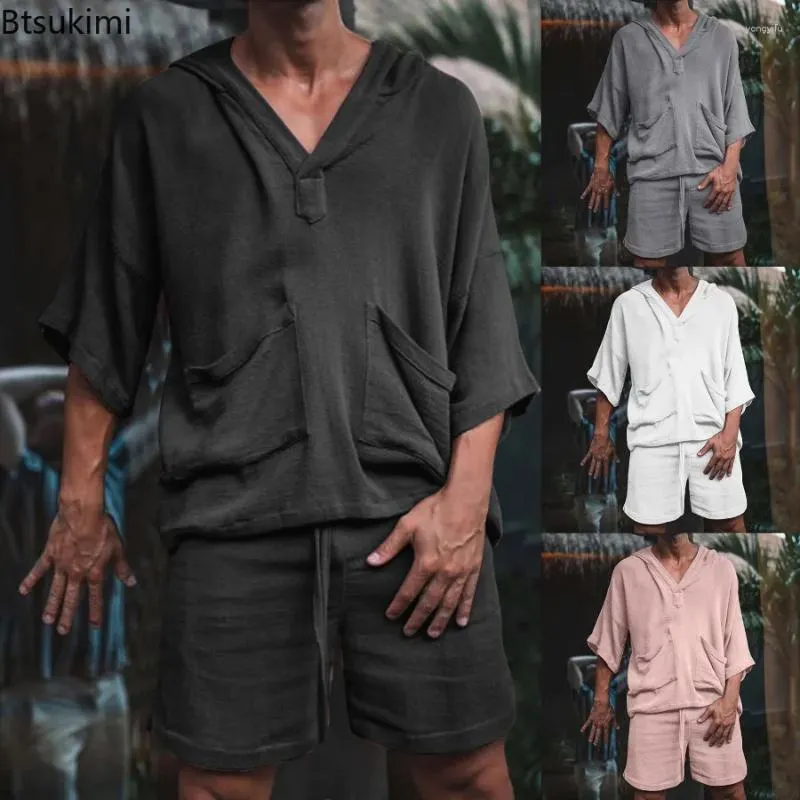 Men's Tracksuits 2024 Summer 2PCS Cotton Linen Short Sets Casual Tops Shorts Suit Sleeve Pajamas Soft Breathable Beach