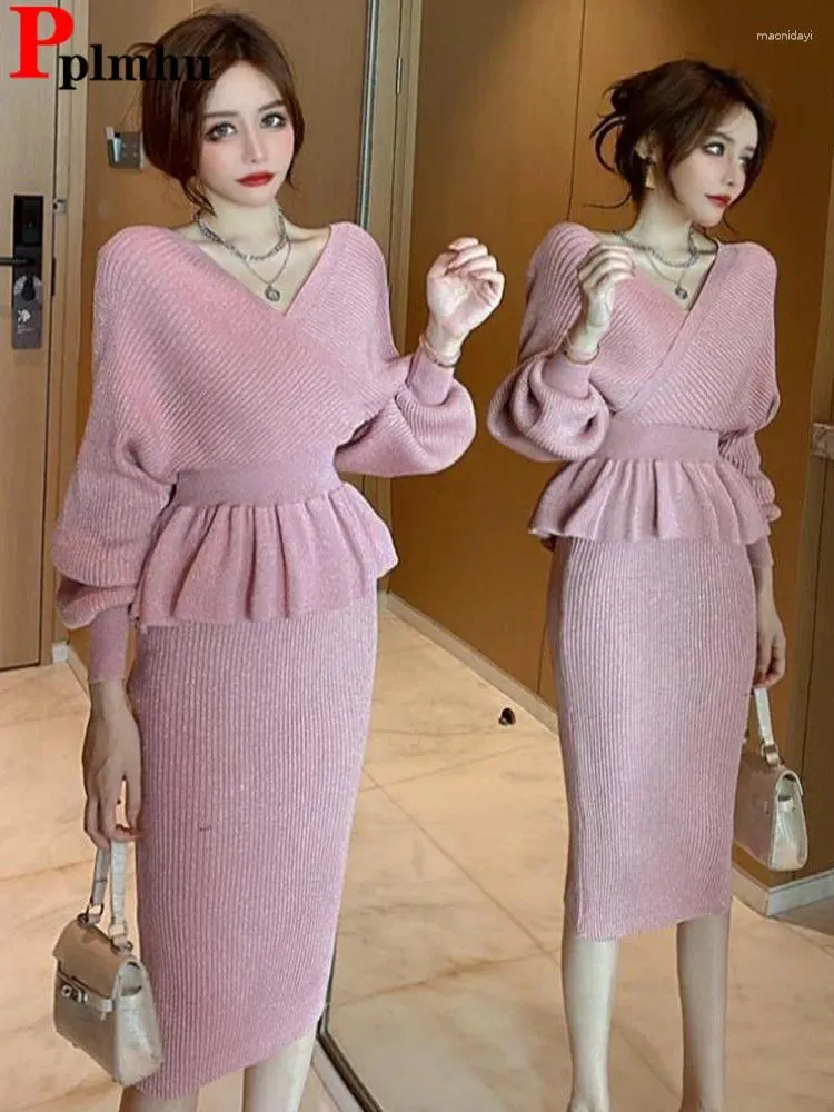 Work Dresses Elegant Knit 2 Pieces Sets Korean Knitwear Sexy V-neck Short Sweater Pullover Tops Conjuntos Women High Waist Slim Skirt Outfit