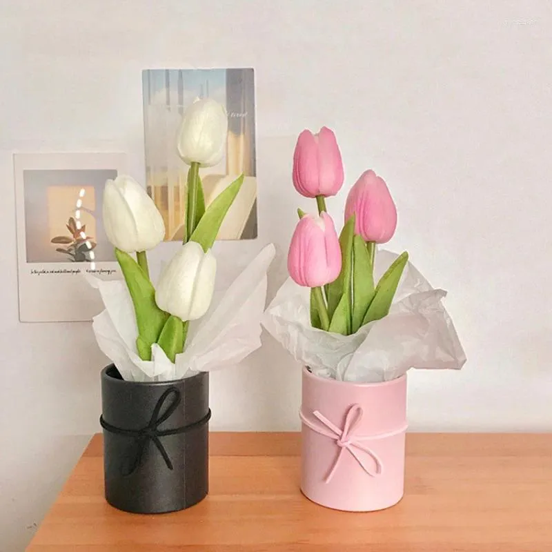Fleurs décoratives 3 têtes tulipes bouquet bonnais artificiel pot home bureau de bureau décoration de bureau de mariage ornements