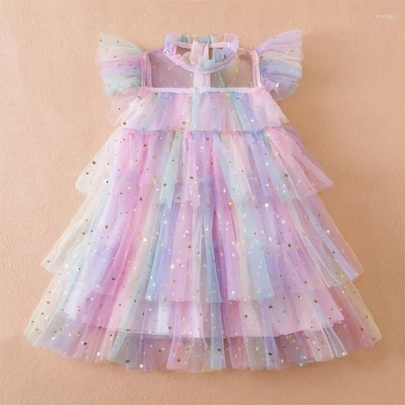 Robes de fille 2024 Robe de filles d'été coréenne Star Sequin Princess Robes Mesh Pompadour Fairy Dressd pour enfants