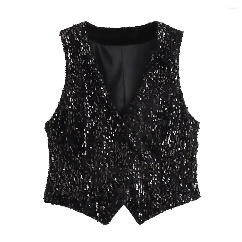 Women's Vests 2024ZAR Spring/Summer Selling Fashion Style Bead Decoration Casual V-neck Vest Tight Tank Top