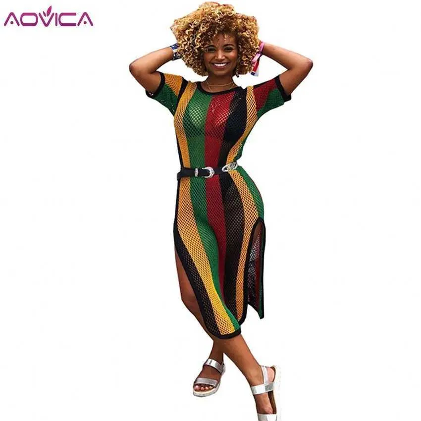 Basic Casual Dresses Aoica Special Design 2024 Nieuwe populaire Casual Style Dames Stripe Hollow O-Neck korte mouw Midi-jurk tanktop Q240430