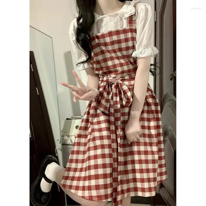 Elegant Checkered Party Dress with Strap - Red and White