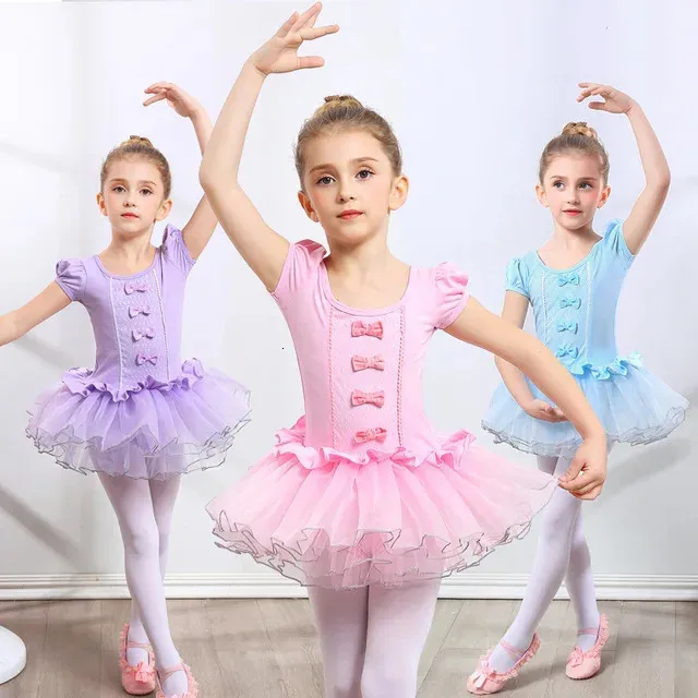 Filles Ballet Dance tutu robe enfants enfants courts / longues manches tulle bowknot gymnastique justaucorps banc de balle core d'anniversaire porteur 240426