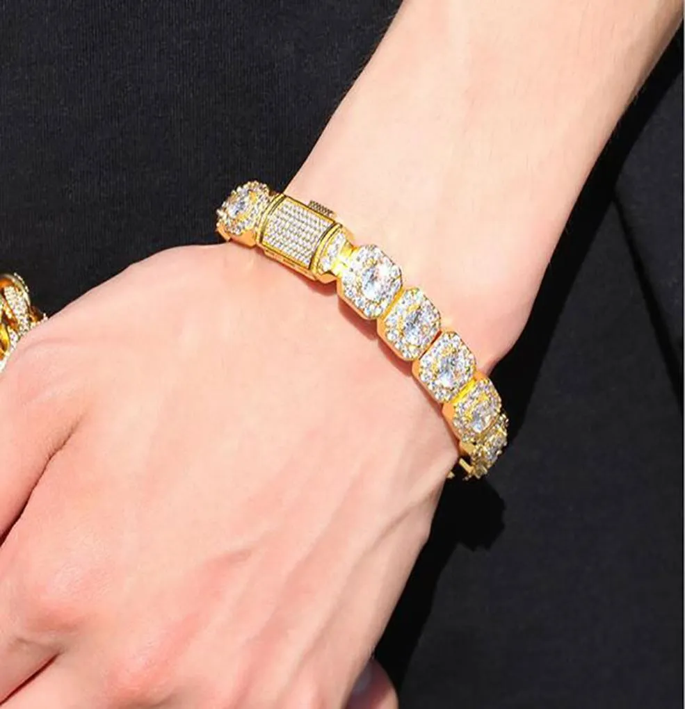 14K Gold Plated 125mm Men039s Baguette Tennis Bracelet Soild Real Iced Diamond Hip Hop Jewelry for Men Women gifts4017068