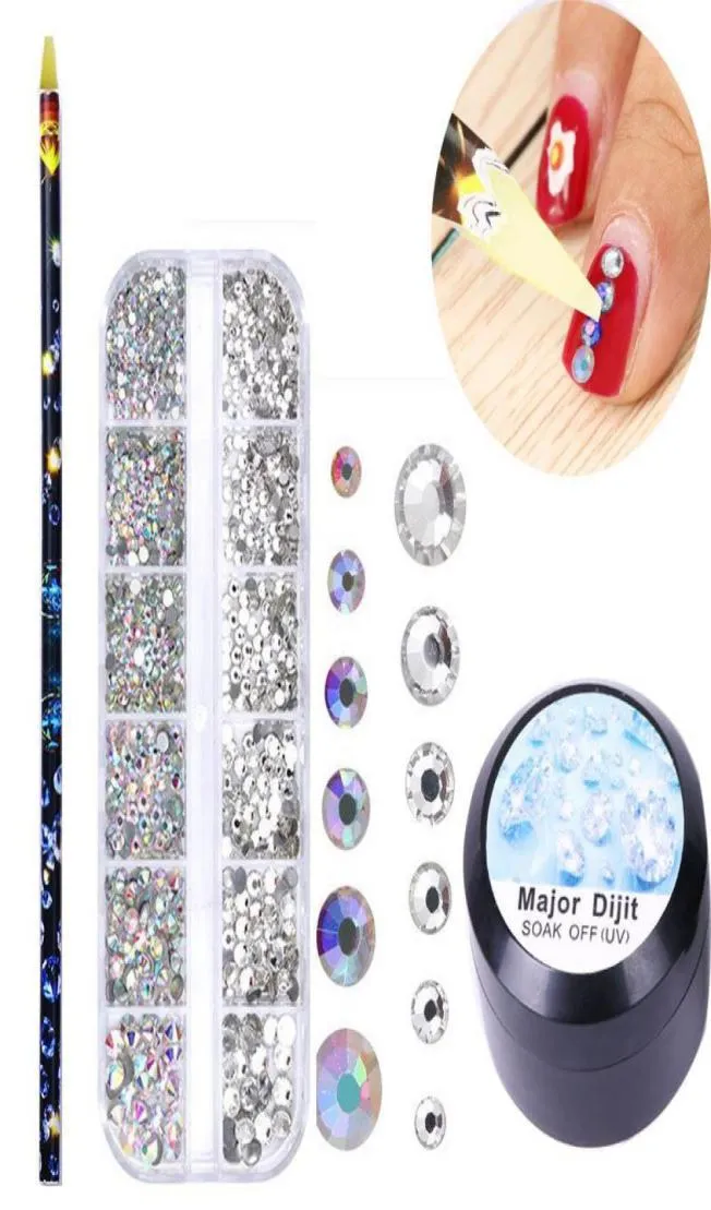 Bluezoo Ab Clear Nail Art Rhinestones Glitter Flat Multi Size Nail Art Decorations with stippen Lijm Manicure Set1949084