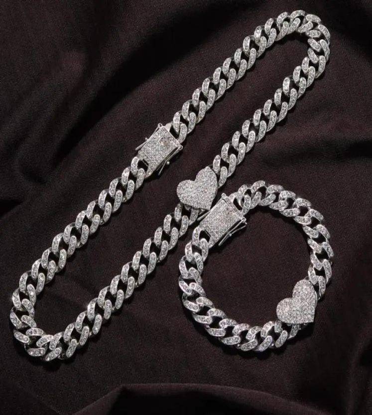 Chains 2PcSet Rapper Full Heavy Heartshaped Cuban Link Bracelet Iced Women For Men Necklcae Chain Prong Pave Luxury Hiphop Jewel4268516