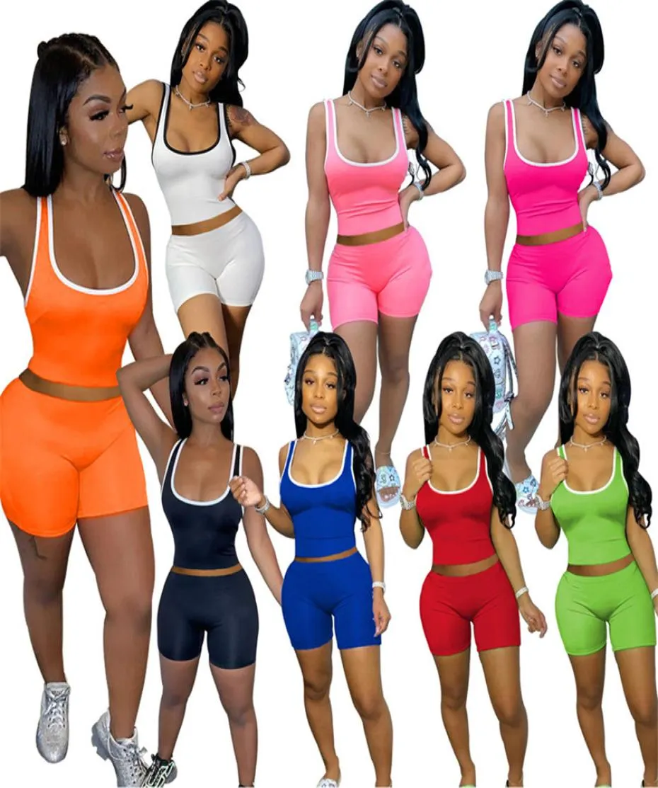 Dames039S Tweede stuk broek Casual sweatsuit shorts Summer kleding Mouwloze crop topmini shorts sport jogger pak solide colo7790794