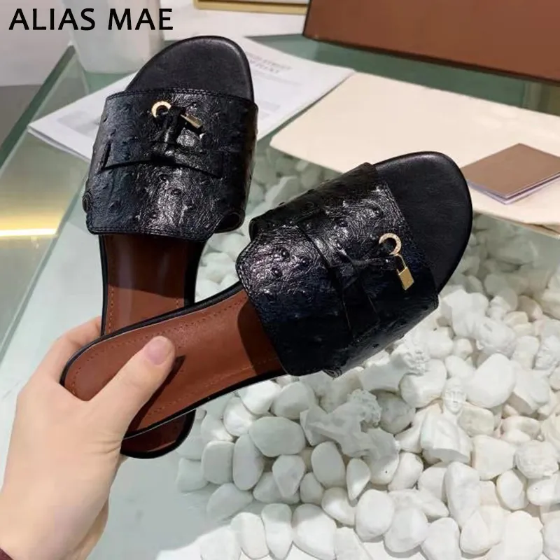 High quality flat LP leather ostrich texture women's slippers Summer outdoor casual fashion line shoes Beach holiday peep-toe sheepskin beach sandals