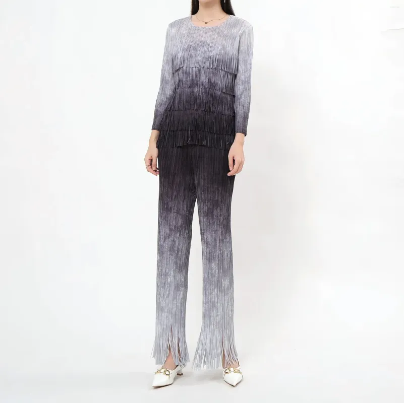 Pantalon de deux pièces pour femmes miyake plissé combinaison décontractée 2024 chute d'automne gradient couleur mode tempérament niche cent de personnalité vêtements
