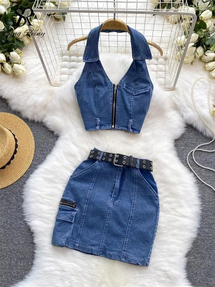 Work Dresses SINGREINY American Retro Denim Two Pieces Suits Halter Zipper Sleeveless Sweet Top Belt Bodycon Short Skirt Fashion Sets