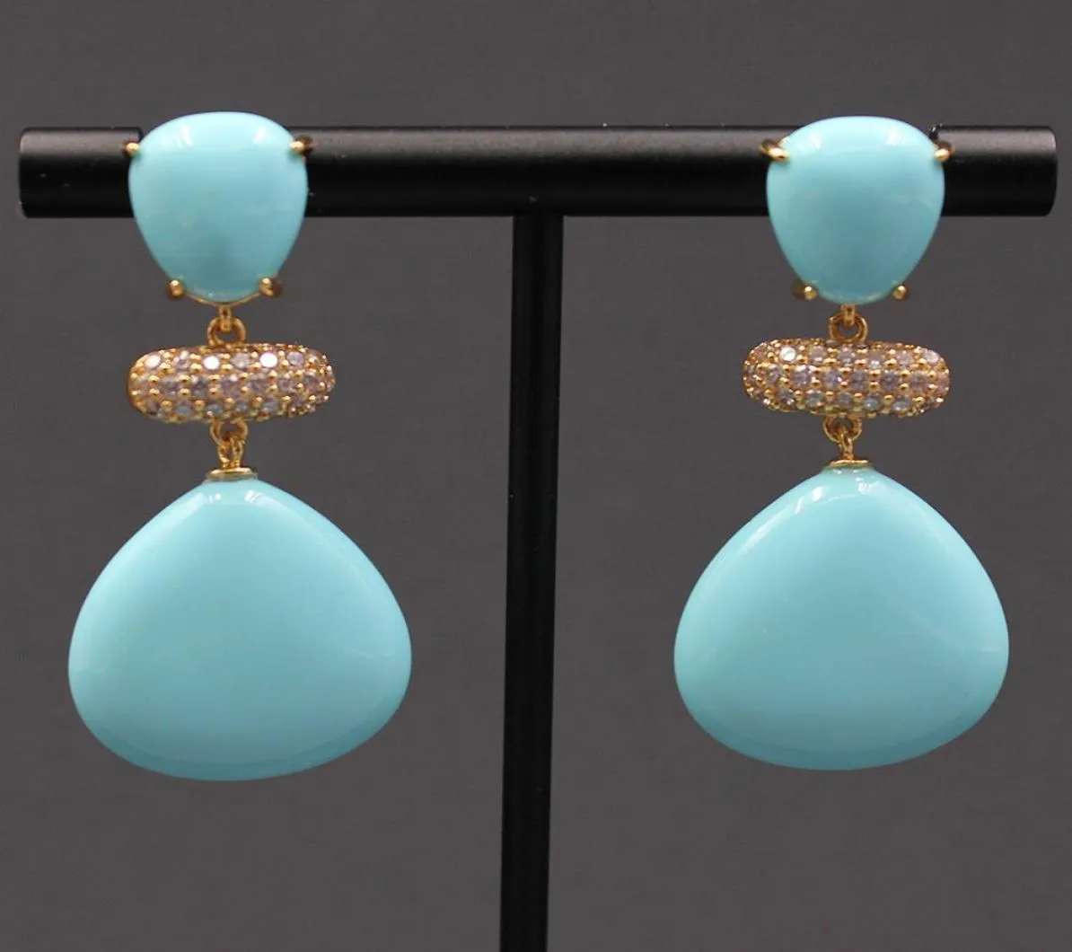 GuaiGuai Jewelry Blue Turquoises Triangle Water Shape Dangle CZ Beads Wedding Studs Earrings Handmade For Lady4029963