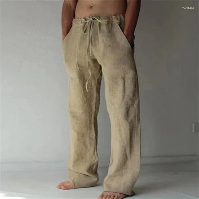 Erkek pantolon erkek pamuk keten tam uzunluk nefes alabilen pantolonlar sıradan eşofmanlar düz renk gevşek spor pantolon erkek sokak kıyafeti pantolon
