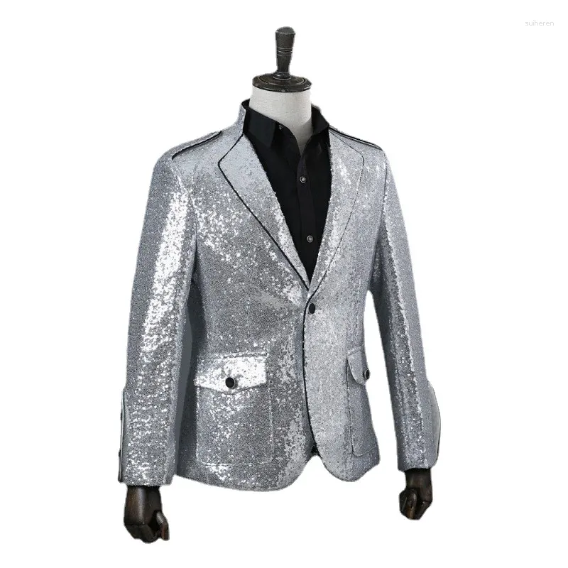 Erkekler takımları erkek ceket moda payetleri blazer erkekler kıyafetler naylon tek göğüslü gümüş blazers giyim