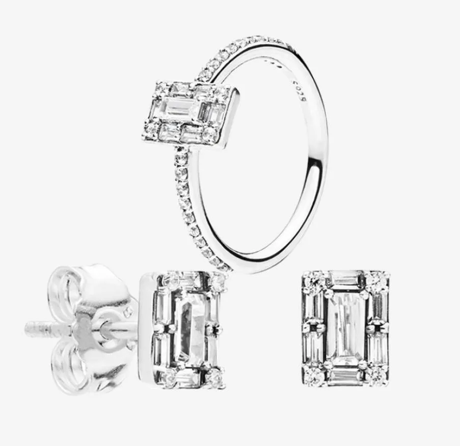 CZ Diamond Ring Earring Set Wedding Sieraden 925 Zilver voor sprankelende vierkante Halo Stud -oorbellen Ringen met originele doos voor dames7075561