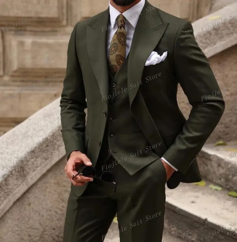 Herenpakken mode Dark Green Men Business Suit Groom Groomsman Prom Wedding Party Formele gelegenheid Tuxedos 3 -delige set Jacket Vestbroek