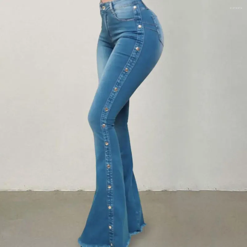 Frauen Jeans hohe Taille Multi -Taschen -Knopf Hüfthebeflackgewähne Wäsche Dekor Weitbein Denimhose Streetwear