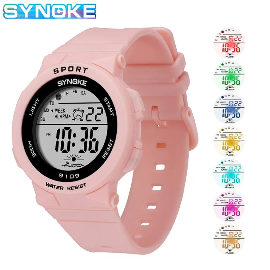 Synooke Pink Women Digital Watch Digital 50m Water Water Ladies Watches Watch Unisex Store elegante de silicona con luminoso 212k