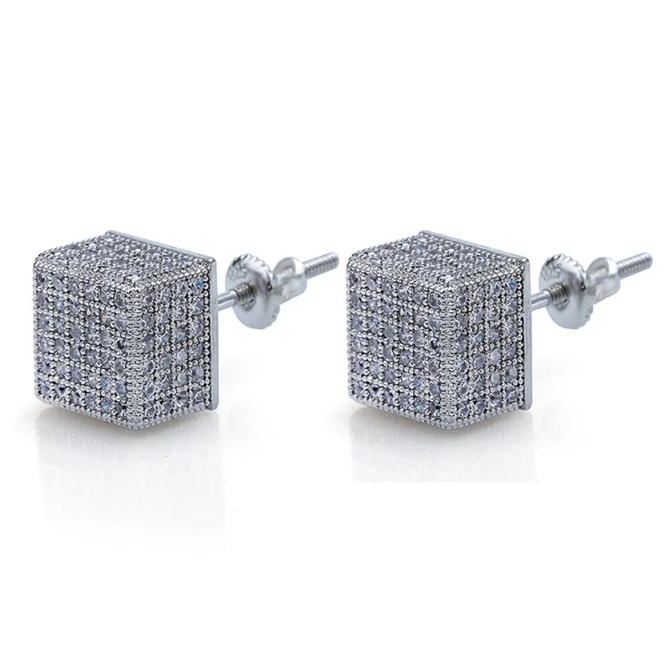 Hip Hop Mens Screw Back Stud örhängen Fashion Square White Zircon Dingle örhängen Guldpläterad Vintage Geometriska smycken Partihandel 2695