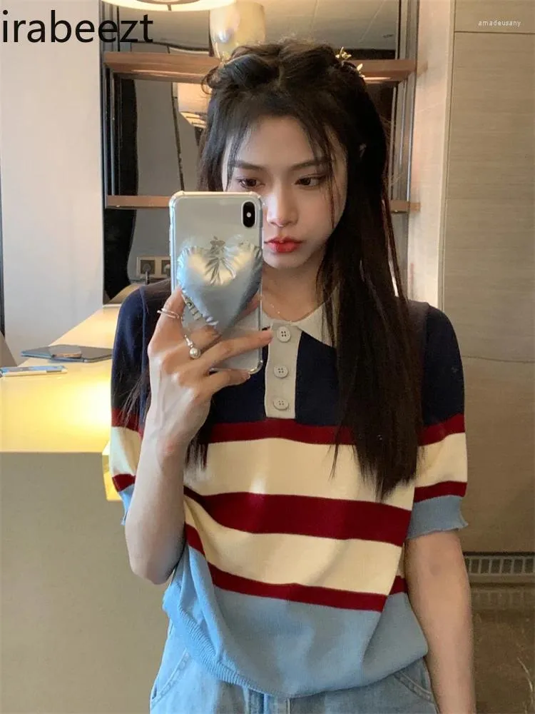 Women's Polos Fashion Striped Base Wear Summer 2024 Retro Slimming Short-sleeved Knit Top For Women Mainland China Polo Shirt