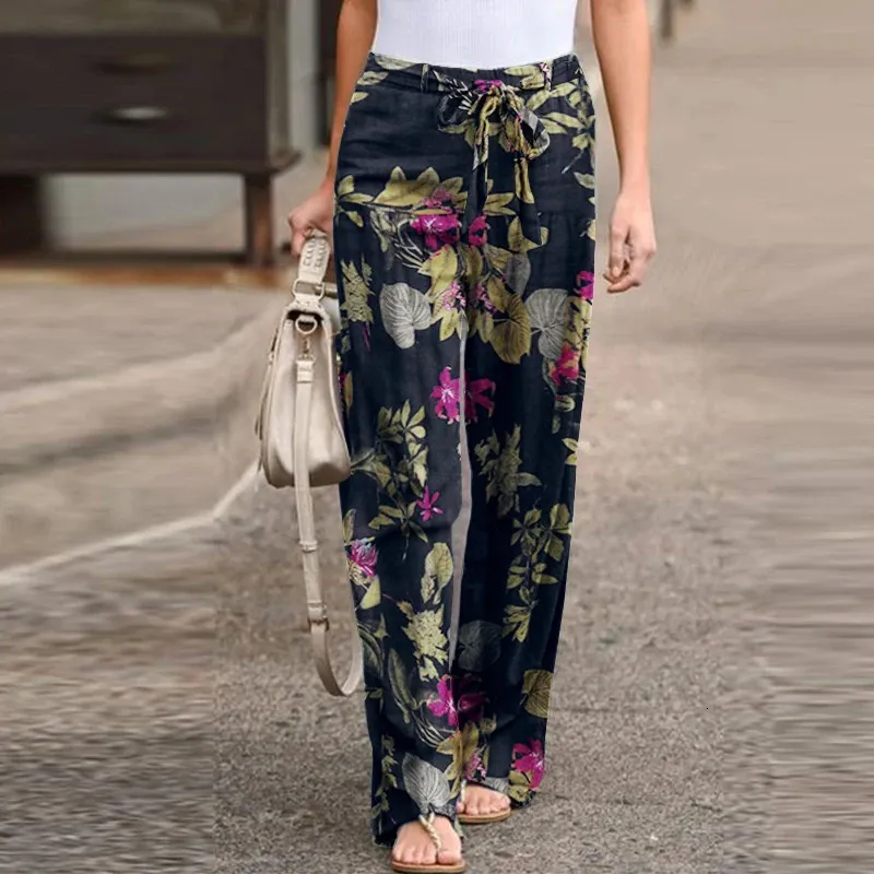 Vintage Women Floral Printed Pants Spring Autumn Fashion Drawstring Wide Leg Trousers Ladies Casual Loose Long Pantalones 240428