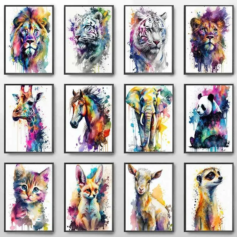 Tapeten farbenfrohe Tiermalerei Poster Aquarell Katze Löwe Tiger Pferd Canvas Tapete Wohnzimmer moderne Heimdekoration J240505