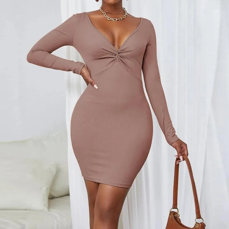 Casual jurken misjoy sexy knoop v nek jurk elegante herfst herfst lange mouw elastische dunne gebreide solide slank bodycon voor vrouwen knielang