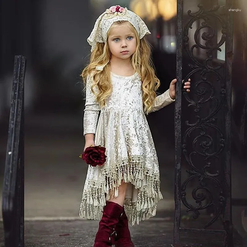 Girl Dresses Long Sleeve Party Dress Gowns Baby Flower Girls Velvet Tassel Fashion Vintage Princess Kids