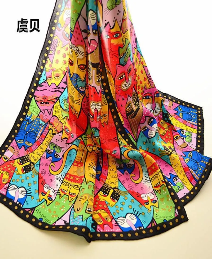 Bunte Katzen Langer Schal Frauen Sonnenschutzmittel weich dünn gedruckte natürliche Seidenschals Wickel Schal Foulard Femme Bandana Geschenk für Damen 24340784