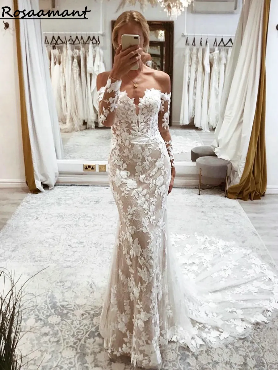 Romantic Long Sleeve Floral Appliques Lace Mermaid Wedding Dresses Off The Shoulder Illusion Back Bridal Gowns Robe De Mariee