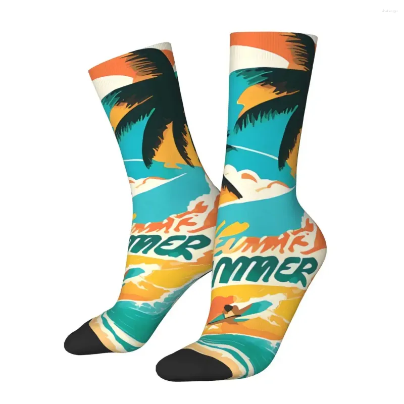 Chaussettes masculines drôles illustration détaillée Summer Sea Beach Retro Tropics Pattern Style Street Crazy Crew Sock Gift Imprimé
