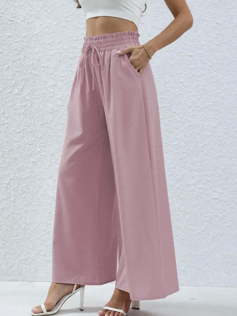 Spodnie damskie 2024 Kobiety moda lato proste szerokie nogi splecione spodnie różowe wszechstronne kieszeniowe koronkowe dama długość