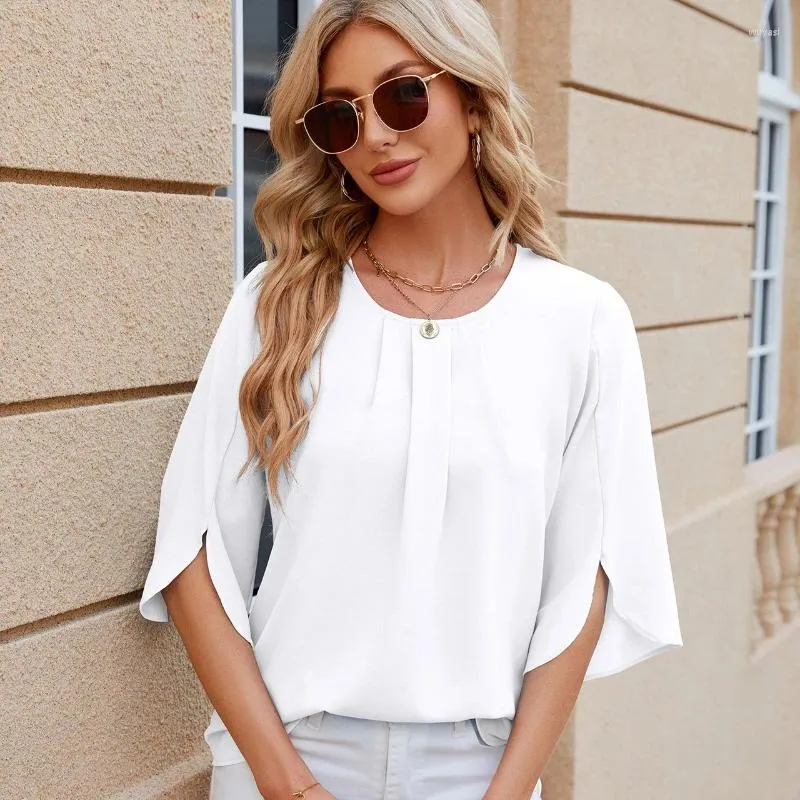 Women's Blouses Women Spring Summer Style Shirts Lady Casual Short Split Sleeve O-Neck Off Shoulder Solid Color Blusas Tops