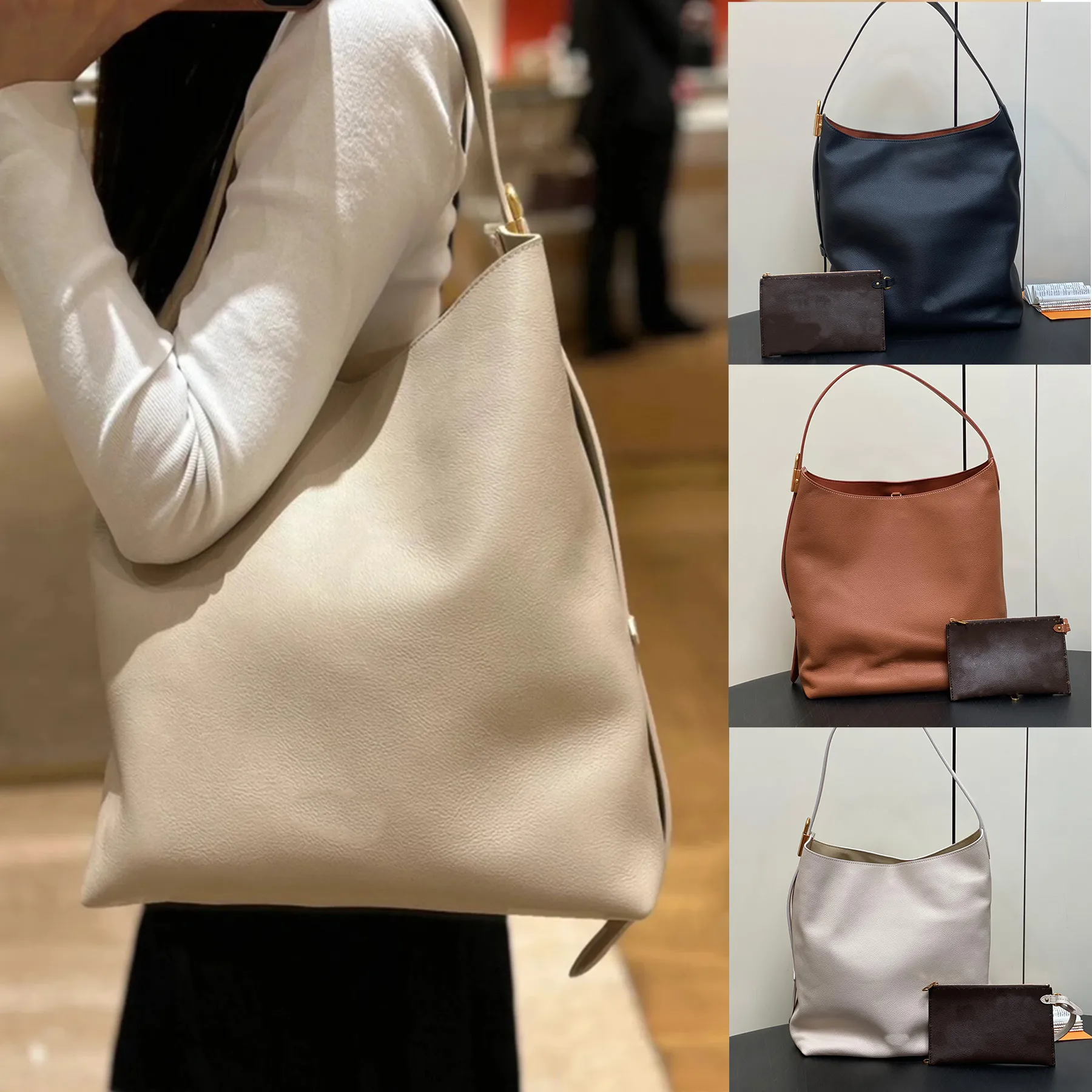 New Women Low Key Hobo Handbag Luxury Designer Grained Leather Shourdelbag Hook Cloosure Gold Hardware Tote Bag調整可能なストラップクロスボディバッグ財布