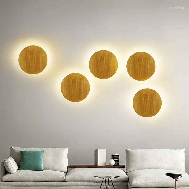 Wandlampen Persönlichkeit Kunst Holz runde LED Lampe moderne Wohnzimmersofa Hintergrund Gang Schlafzimmer Nacht
