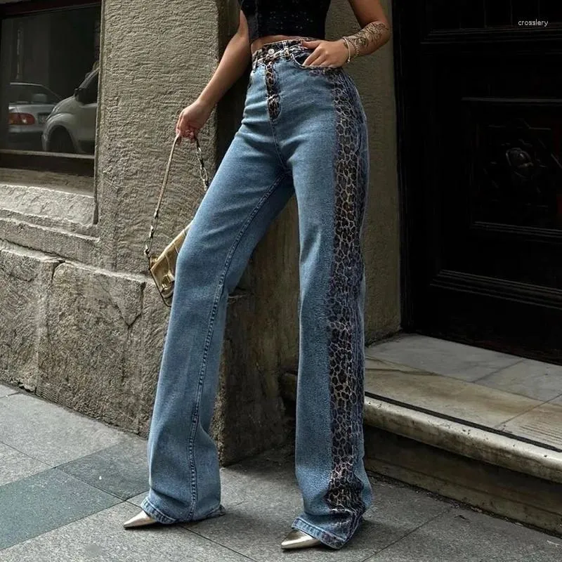 Jeans femminile 2024 Spring Summer Streetwear Cotton Denim Leopard Stampa pantaloni a gamba larga in vita