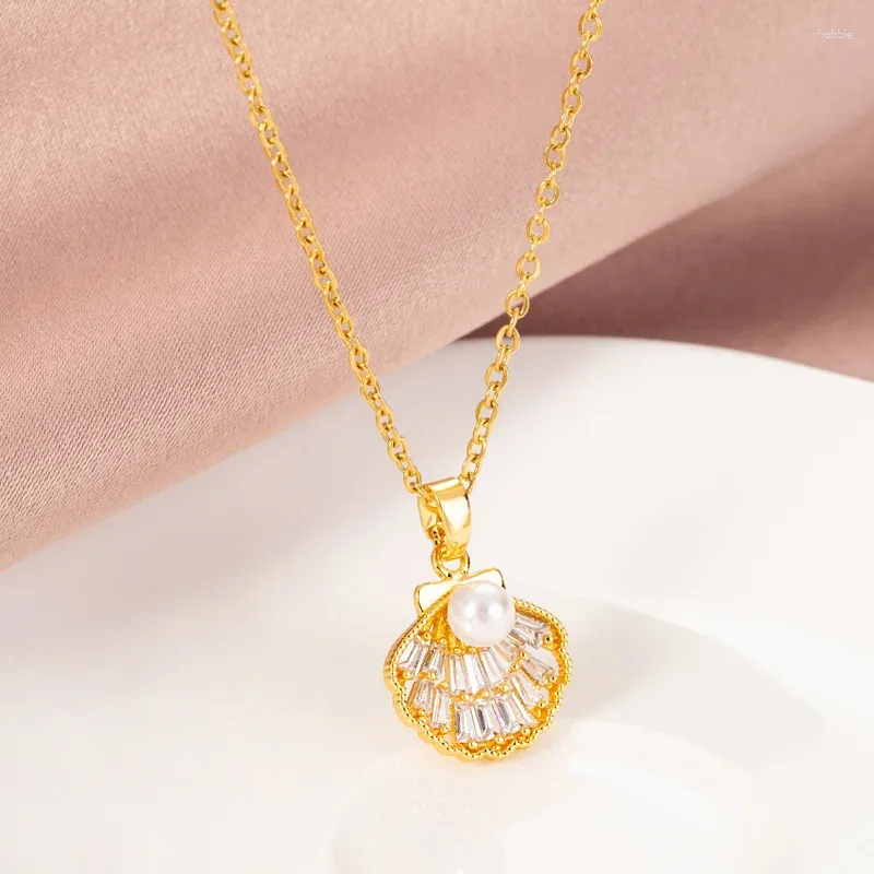 Hänge halsband koreanska mode kristall pärla skal kvinnor halsband söt sexig guld färg rostfritt stål damer kedjekedja smycken smycken