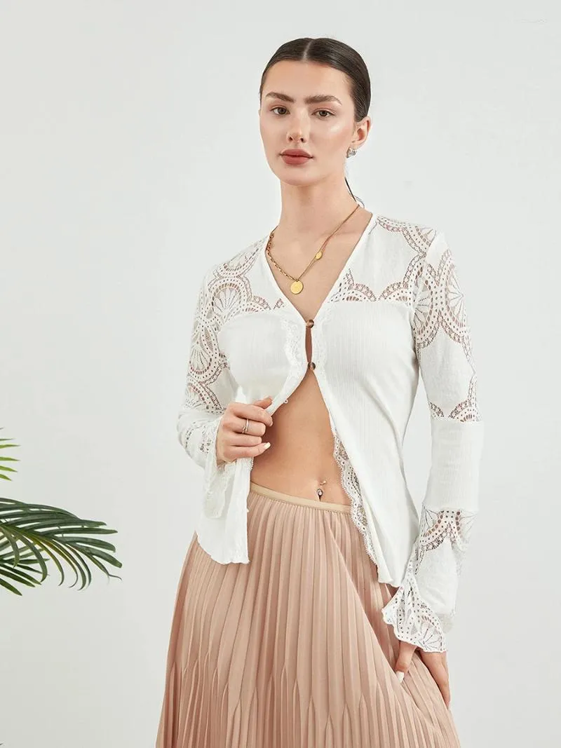 Женские блузки мода женская рубашка с длинным рукавом на пуговицах с кружевным вырезом
