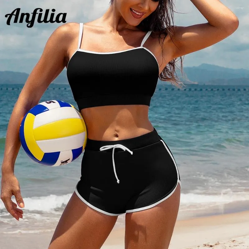 Frauen Badebekleidung Anfilia Frauen Sporty Casual Crop Bikini Set zweiteiliger Farbblock Badeanzug Badeanzug