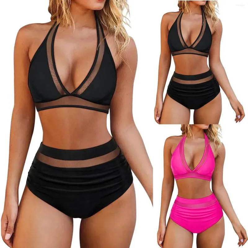 Dames badmode split sexy bikini high taille mesh splicing met bra pad zonder stalen ondersteuning zwempak huid vriendelijk ondergoed